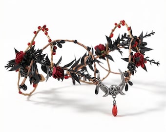 Black Rose Wedding Tiara: Elven Moon Witch Crown Headpiece