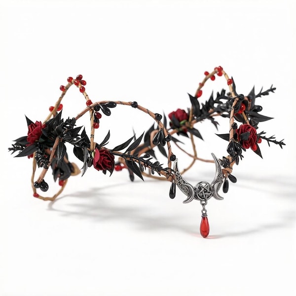 Black Rose Wedding Tiara: Elven Moon Witch Crown Headpiece