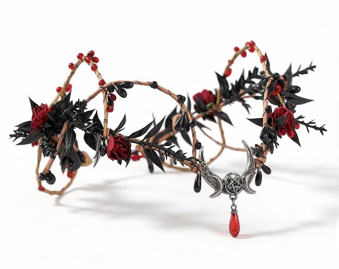 Black Rose Wedding Tiara: Elven Moon Witch Crown Headpiece
