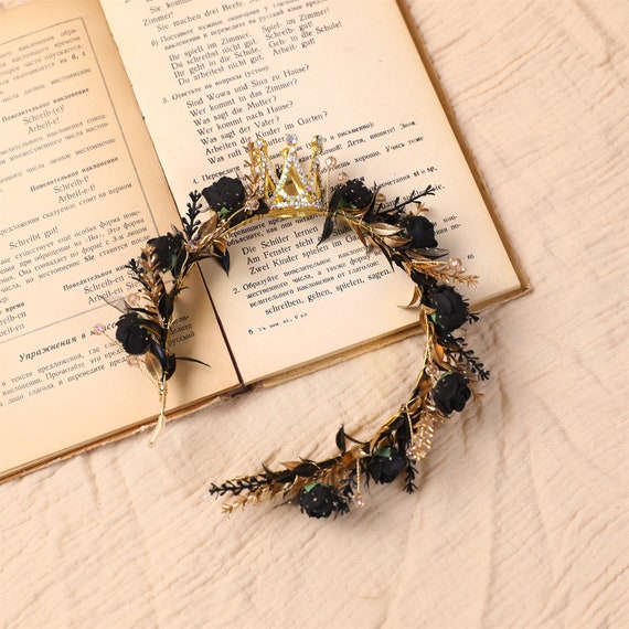 Black Flower Crown Headband: Gold Princess Tiara, Rustic  display picture 1