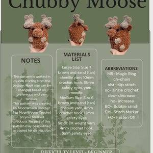 May include: A crochet pattern for a "Chubby Moose" toy. The image shows three finished moose toys in brown and tan, with details on materials, abbreviations, and difficulty level. The pattern is beginner-friendly and takes about an hour.