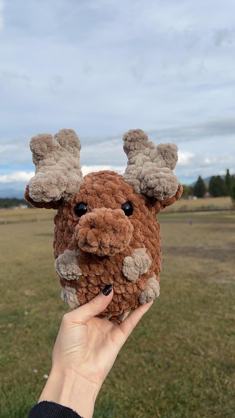 May include: A handmade, plush moose toy in shades of brown and tan. The crocheted moose has large, dark eyes and detailed antlers. The toy is held up against a backdrop of a field and cloudy sky.