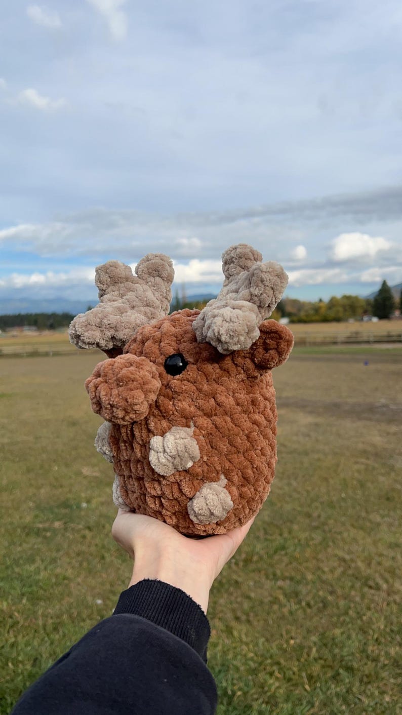 May include: A handmade, plush deer toy with brown and tan yarn. The deer has a rounded body, small black eyes, and tan antlers. The toy is held up against a backdrop of a field and cloudy sky.