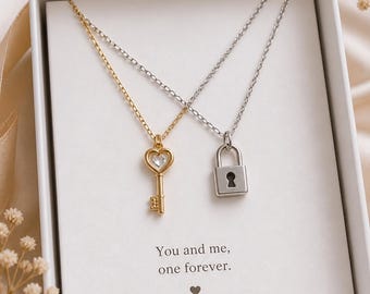 Lock and Key Necklace Set: Gold Plated Couple Necklaces
