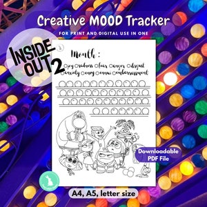 May include: A black and white printable mood tracker featuring characters from the film Inside Out. The tracker includes a list of emotions: joy, sadness, fear, anger, disgust, anxiety, worry, ennui, and embarrassment. The tracker is designed for use with a pen or marker to colour in circles corresponding to the intensity of each emotion.