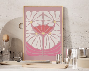 Różowe kwiaty boho, wydruk artystyczny, pastelowy róż, estetyczny kwiatowy wydruk ścienny, sypialnia nastolatki, uroczy plakat ze sztuką botaniczną. 013