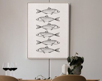 Plakat z ilustracją retro ryby w kuchni, beżowy i czarny, do druku na ścianę, modny plakat artystyczny, wydruk artystyczny do restauracji, neutralny wystrój domu. 028