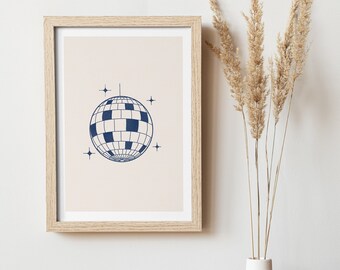 Disco ball Blue Art, drukowana sztuka ścienna, styl Mid Century Modern, sztuka neutralna, plakat młodzieżowy, dekoracja imprezy, dekoracja pokoju młodzieżowego. 098