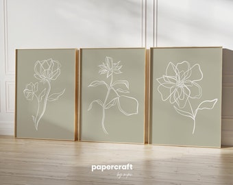 Zestaw 3 grafik ściennych, zielona galeria ścienna, wydruki cyfrowe, dekoracje plakatowe, wydruki ścienne do galerii, zestaw galerii kwiatów, zestaw do wydrukowania 3 sztuk. 021