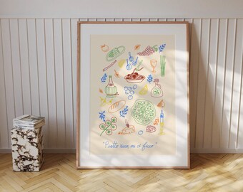 Arte de pared Piatto Ricco, arte de pared colorido, ilustración de bodegones, arte imprimible, impresión de sala de estar, impresión de alimentos, arte de cocina, arte alimentario. 051