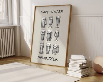 Minimalistyczny nadruk z piwem, plakat z piwem retro do kuchni, dekoracje ścienne z napojami, nadruk z piciem piwa, zabawny cytat na ścianę, cyfrowe pobieranie 1 wydruku. 052