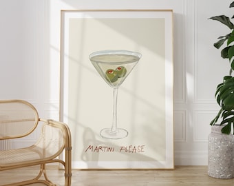 Plakat z ilustracją do kuchni Martini, plakat z drinkiem, drukowana sztuka ścienna, modny plakat artystyczny, wydruk artystyczny do restauracji, neutralna dekoracja domu. 064
