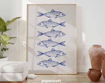 Plakat z ilustracją retro ryby w kuchni, beżowy i niebieski, do druku na ścianę, modny plakat artystyczny, wydruk artystyczny do restauracji, neutralna dekoracja domu. 0110