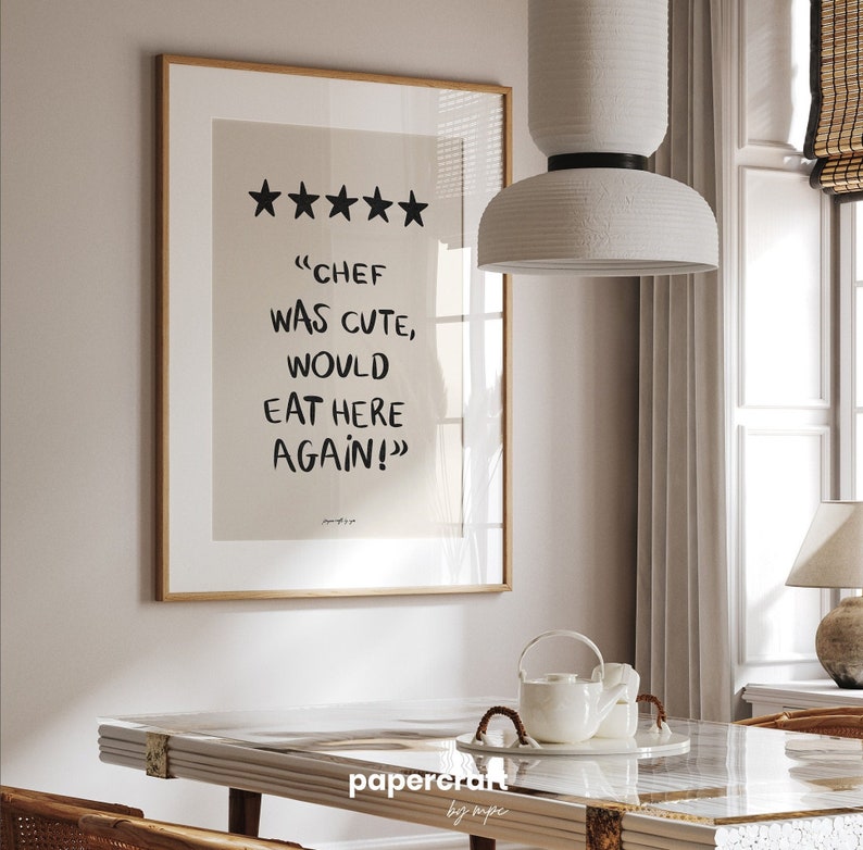 Poster with a funny phrase about food. It is in a dining room frame. Color beige and black. Funny quote about food. Aesthetic wall art poster.