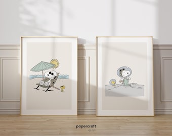 Plakat do pokoju dziecięcego, grafika ścienna dla dzieci. Zestaw ze Snoopym, wydruk cyfrowy, cyfrowe pobieranie na Babyshower, retro, plakaty i wydruki. 024.