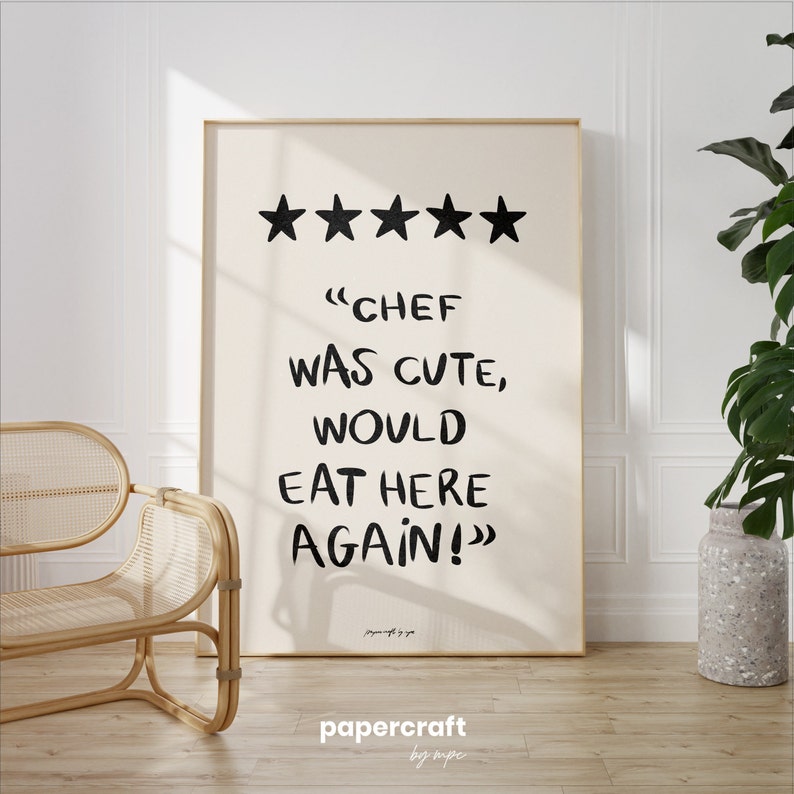 Poster with a funny phrase about food. It is in a dining room frame. Color beige and black. Funny quote about food. Aesthetic wall art poster.