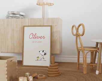 Spersonalizowany plakat do pokoju dziecięcego, spersonalizowana grafika ścienna dla dzieci, plakat ze Snoopym, sztuka ścienna, wydruk cyfrowy, plakat z imieniem, prezent, baby shower, kreskówka. 0104.