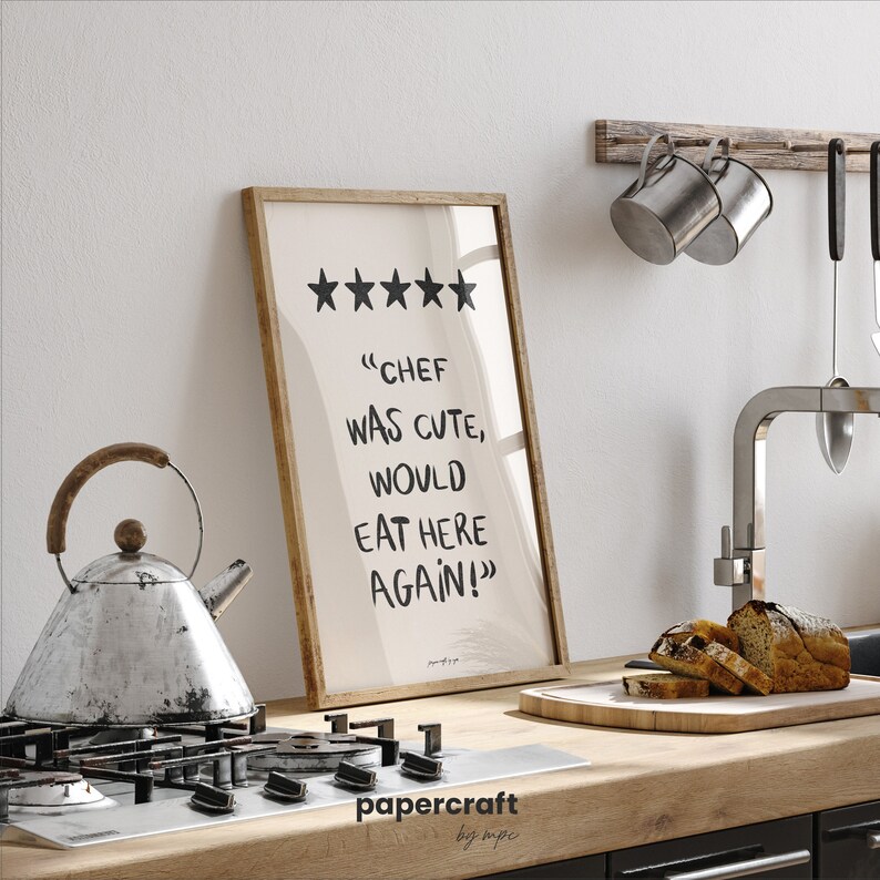 Poster with a funny phrase about food. It is in a dining room frame. Color beige and black. Funny quote about food. Aesthetic wall art poster.
