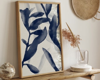 Abstrakcyjna acuarela Blue Art, drukowana sztuka ścienna, Mid Century Modern, neutralna sztuka, plakat botaniczny, sztuka kwiatowa, dekoracja kwiatowa. 0101