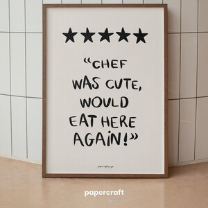 Poster with a funny phrase about food. It is in a dining room frame. Color beige and black. Funny quote about food. Aesthetic wall art poster.
