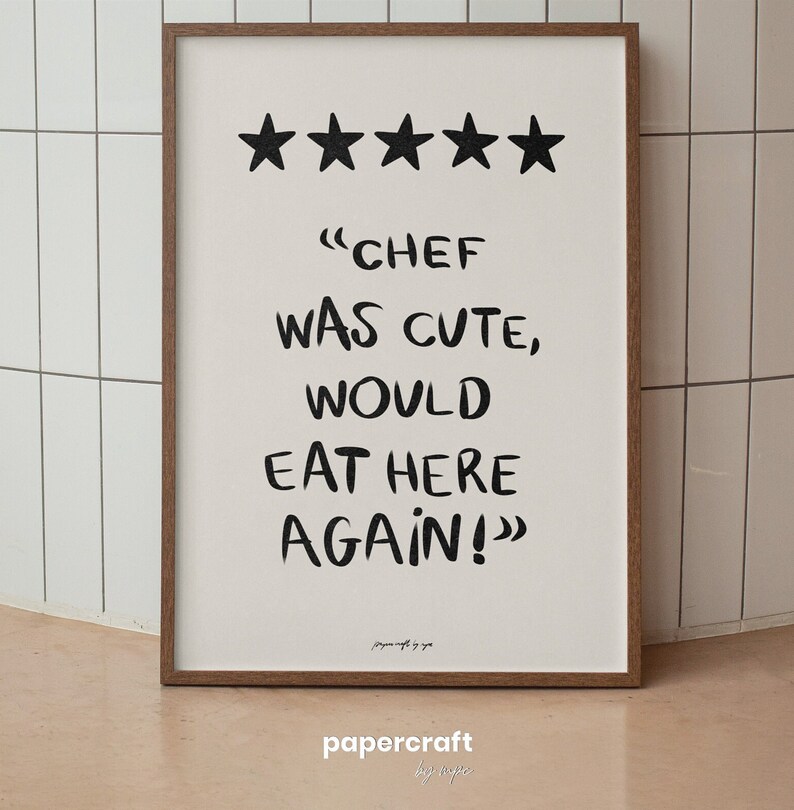 Poster with a funny phrase about food. It is in a dining room frame. Color beige and black. Funny quote about food. Aesthetic wall art poster.