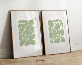 Zestaw zielonych abstrakcyjnych kwiatów botanicznych kolorowych dzieł sztuki, drukowana sztuka ścienna, nowoczesny styl połowy wieku, neutralna sztuka, plakat botaniczny, sztuka kwiatowa, 073