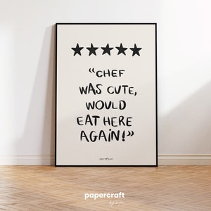 Poster with a funny phrase about food. It is in a dining room frame. Color beige and black. Funny quote about food. Aesthetic wall art poster.