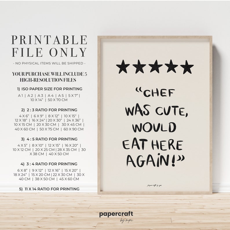 Poster with a funny phrase about food. It is in a dining room frame. Color beige and black. Funny quote about food. Aesthetic wall art poster.