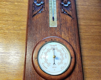 Barometro da parete antico in legno intagliato – Termometro e barometro vintage – Arredamento rustico/cottage/casa di campagna