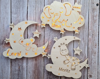 Nachtlicht Baby Personalisiert mit Namen und Geburtsdaten aus Holz, hinterleuchtet mit 40 LED, Wandlampe, Nachtlampe, zum Aufhängen, Geburt