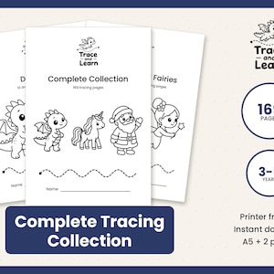 Puede incluir: Una colección digital de libros de actividades de caligrafía titulada Trace and Learn, con 169 páginas para niños de 3 a 5 años. Las páginas blancas muestran dibujos de líneas negras de un dragón, un unicornio, Santa Claus y un hada.