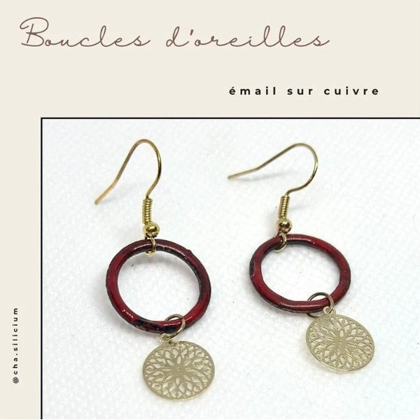 Boucles d'oreilles émail sur cuivre rouges et dorées