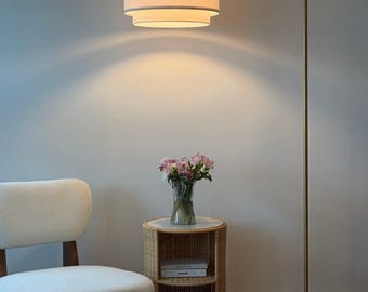 Brass Arc Floor Lamp with Double Drum Shade, Tiered Shade Reading Lamp for Living Room, 3 Color LED Bulb Included