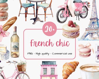 May include: Watercolor illustration with a French theme, featuring a pink scooter, Eiffel Tower, macarons, a bicycle, and a cafe. The image includes a baguette, wine bottle, cheese, and the text "French chic".