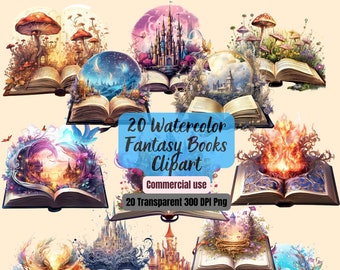 May include: 20 Watercolor Fantasy Books Clipart. Commercial use. 20 Transparent 300 DPI Png.  A collection of 20 watercolor illustrations of open books with fantasy scenes inside. Each book features a different scene, including castles, forests, and magical creatures.