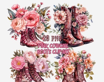 Aquarell rosa Cowgirl Stiefel Clipart - Floral Western PNG für Scrapbooking & Einladungen