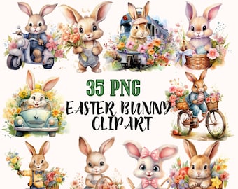 Easter Bunny Clipart bundle,watercolor easter clipart,easter eggs png,Easter bunny basket png,watercolor bunnies on bikes,osterkörbchen