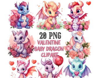 May include: Twenty digital clip art images of cute baby dragons in various poses with hearts and flowers. The dragons are pink, blue, purple, and orange. The text "20 PNG VALENTINE BABY DRAGON CLIPART" is in the centre of the image.