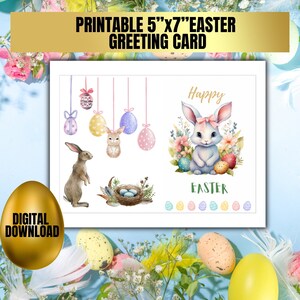 Carte de Pâques imprimable, carte de Joyeuses Pâques, carte de Pâques florale Imprimable, carte de voeux de Pâques, carte numérique imprimable de lapin de Pâques, lapin de Pâques