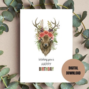Cartão de feliz aniversário para impressão, cartões dobráveis, cartão de aniversário floral em aquarela de alce, cartão de aniversário para download, cartão de aniversário
