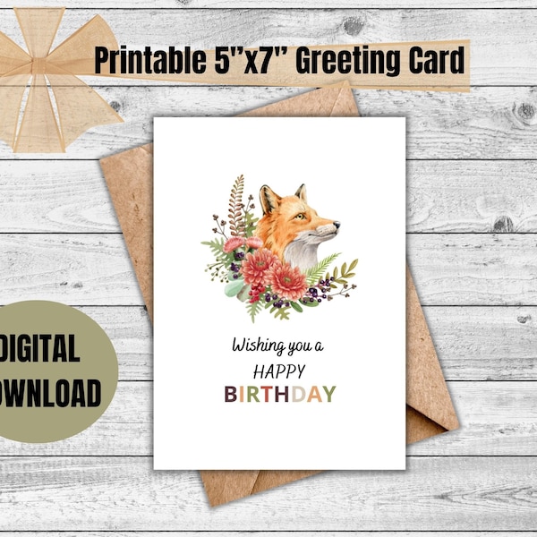 Downloadable greeting card,digital greeting card,5x7 greeting card,watercolor fox,bloom,greeting card printable,Printable Birthday card,PDF