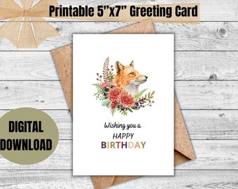 Downloadable greeting card,digital greeting card,5x7 greeting card,watercolor fox,bloom,greeting card printable,Printable Birthday card,PDF