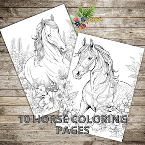 10 Horses Coloring Page,Adult Coloring Pages,mandala,Printable PDF,Instant Download,Digital Horses Coloring Book for Relaxation,PDF,floral