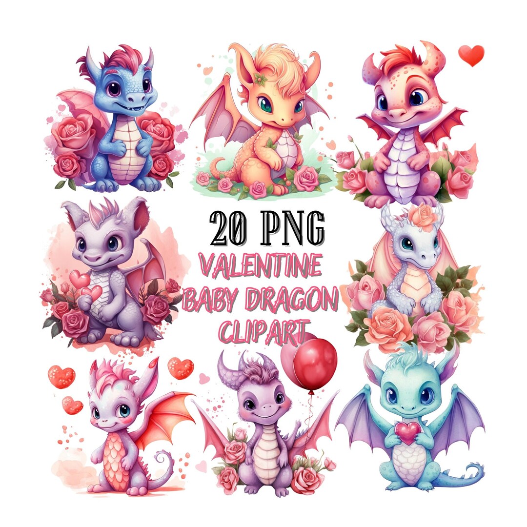 Cute Baby Dragon Valentine Clipart,cute Baby Dragon Clipart Bundle ...