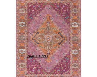 Hand knotted Rug - Pink, Orange & Purple Kilim Style Area Rug - Vintage Inspired Turkish Rug for Living Room, Bedroom, Boho Decor