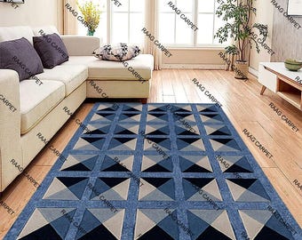 Handmade Tufted Wool Rug: Modern Abstract Design, Blue Beige Ivory