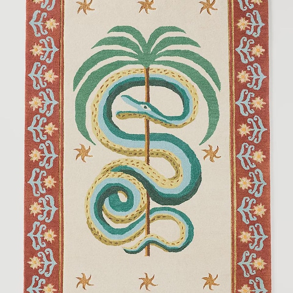 Handmade Tufted Wool Area Rug: Snake & Palm Design