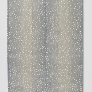 May include: A rectangular area rug with a speckled pattern. The rug features a gradient of gray and beige tones, with small white dots scattered across the surface. The design creates a soft, textured appearance, suitable for home decor.