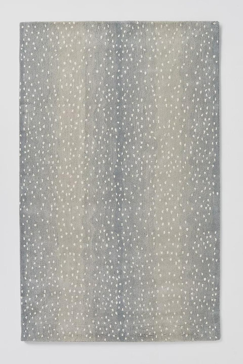 May include: A rectangular area rug with a speckled pattern. The rug features a gradient of gray and beige tones, with small white dots scattered across the surface. The design creates a soft, textured appearance, suitable for home decor.