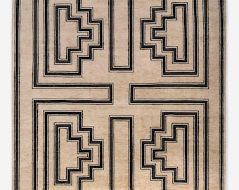 Hand-Knotted New Zealand Wool Rug: Modern Geometric Design